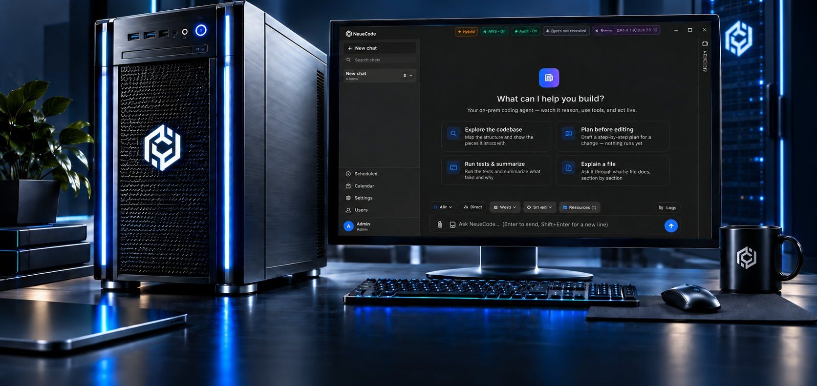 A NeueCode server beside a monitor showing the NeueCode 7 workbench — the agent ready to explore the codebase, plan before editing and run tests