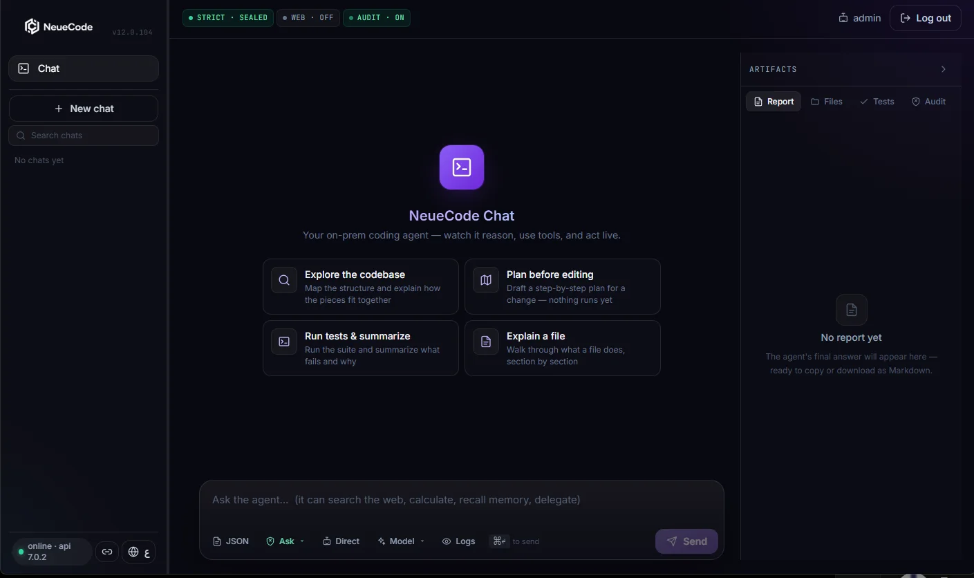 The NeueCode workbench — strict mode sealed, web off, audit on